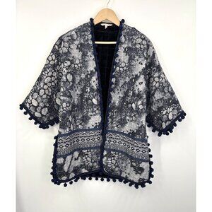 Soft Surroundings Jubilee Faux Fur Lined Quilted Pom Pom Fringe Jacket Blue L/XL